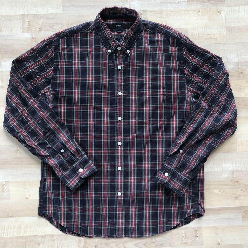 J. Crew Red Blue Plaid Men's Large Oxford Button Down Dress Shirt Classic Cotton